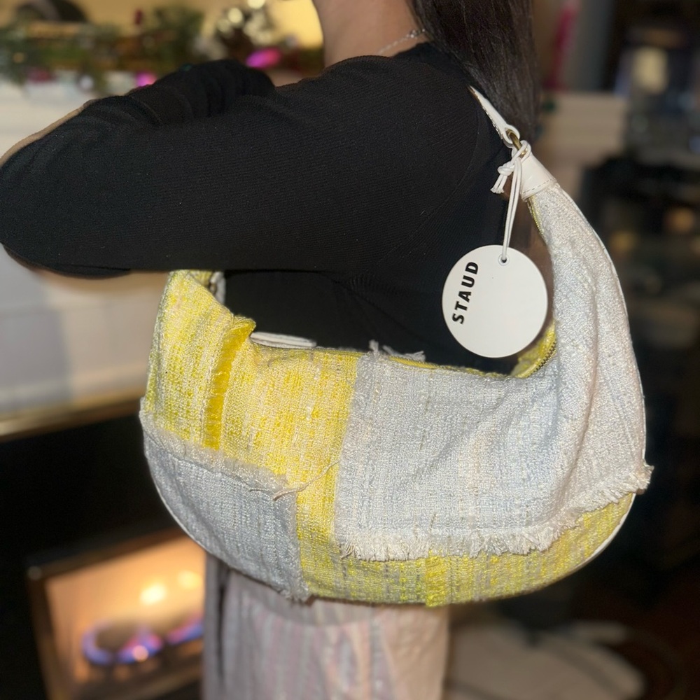 STAUD Yellow and Cream Hobo Bag croc embosed handle